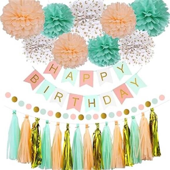 Mint Peach Birthday Party Decorations, Happy Birthday Decoration Set with Banner - Picture 8 of 8
